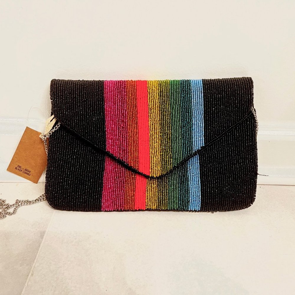 CAPELLI NEW YORK GLASS BEADING WOVEN CLUTCH BAG